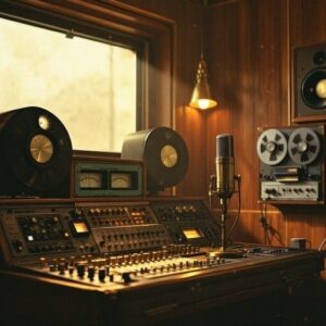 Vintage-Tonstudio mit Mischpult, Röhrenmikrofon und Tonbandmaschinen