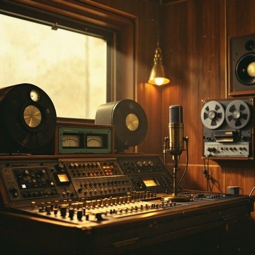 Vintage-Tonstudio mit Mischpult, Röhrenmikrofon und Tonbandmaschinen