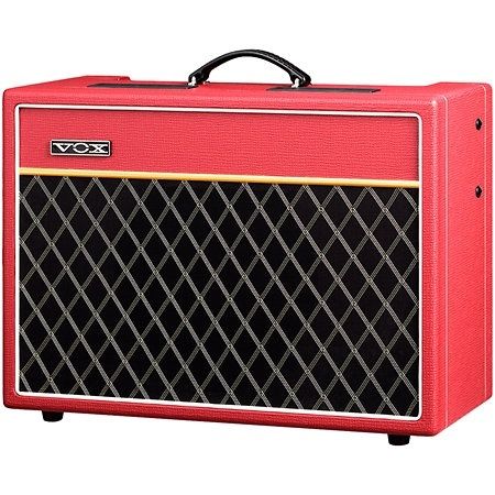 Roter Vintage-Gitarrenverstärker mit schwarzem Rautengitter und VOX-Logo